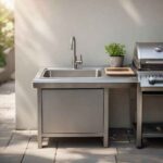 Compact stainless steel outdoor kitchen sink installed in a small backyard patio with limited counter space and storage cabinet below.