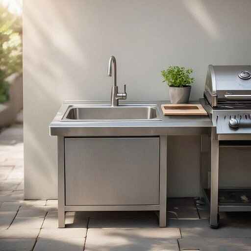 Compact stainless steel outdoor kitchen sink installed in a small backyard patio with limited counter space and storage cabinet below.