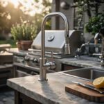 Brushed stainless steel pull-down kitchen faucet installed in an outdoor kitchen with stone countertops, next to a grill and sink.