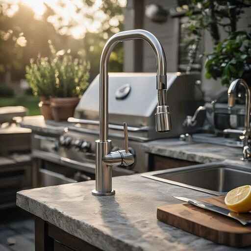 Brushed stainless steel pull-down kitchen faucet installed in an outdoor kitchen with stone countertops, next to a grill and sink.