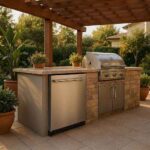 Stainless steel outdoor kitchen fridge built into stone countertop next to grill on modern patio