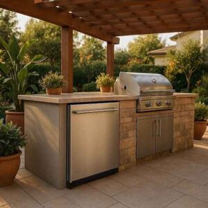 Stainless steel outdoor kitchen fridge built into stone countertop next to grill on modern patio