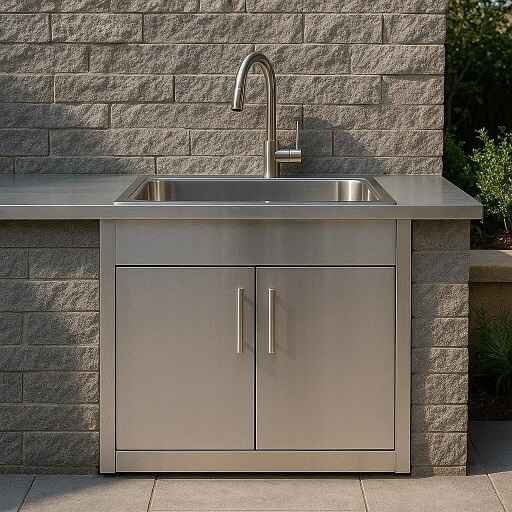 A weatherproof stainless steel outdoor kitchen sink cabinet with a sink, and faucet.