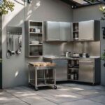 Compact outdoor kitchen featuring weatherproof stainless steel cabinets, wall-mounted storage, and vertical organization solutions for small patio spaces