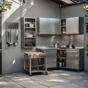 Compact outdoor kitchen featuring weatherproof stainless steel cabinets, wall-mounted storage, and vertical organization solutions for small patio spaces