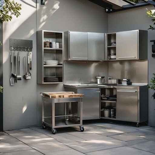 Compact outdoor kitchen featuring weatherproof stainless steel cabinets, wall-mounted storage, and vertical organization solutions for small patio spaces