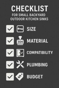Five-point illustrated checklist for buying an outdoor kitchen sink, covering size, material, cabinet compatibility, plumbing, and budget for small backyard installations.